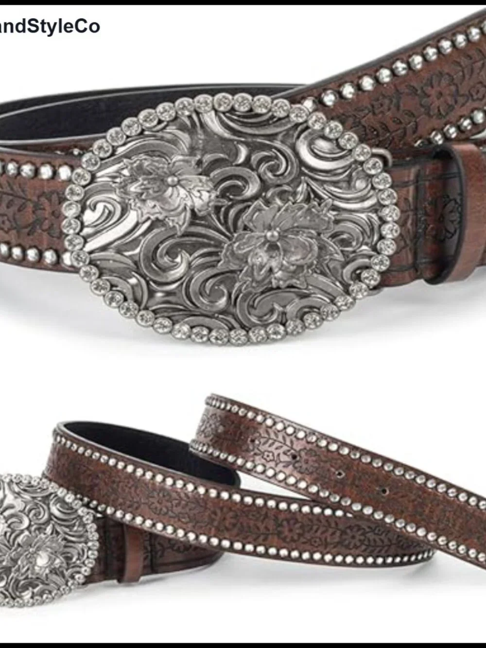 Women's PU Leather Western Belt with Rhinestone Buckle, 45 inch